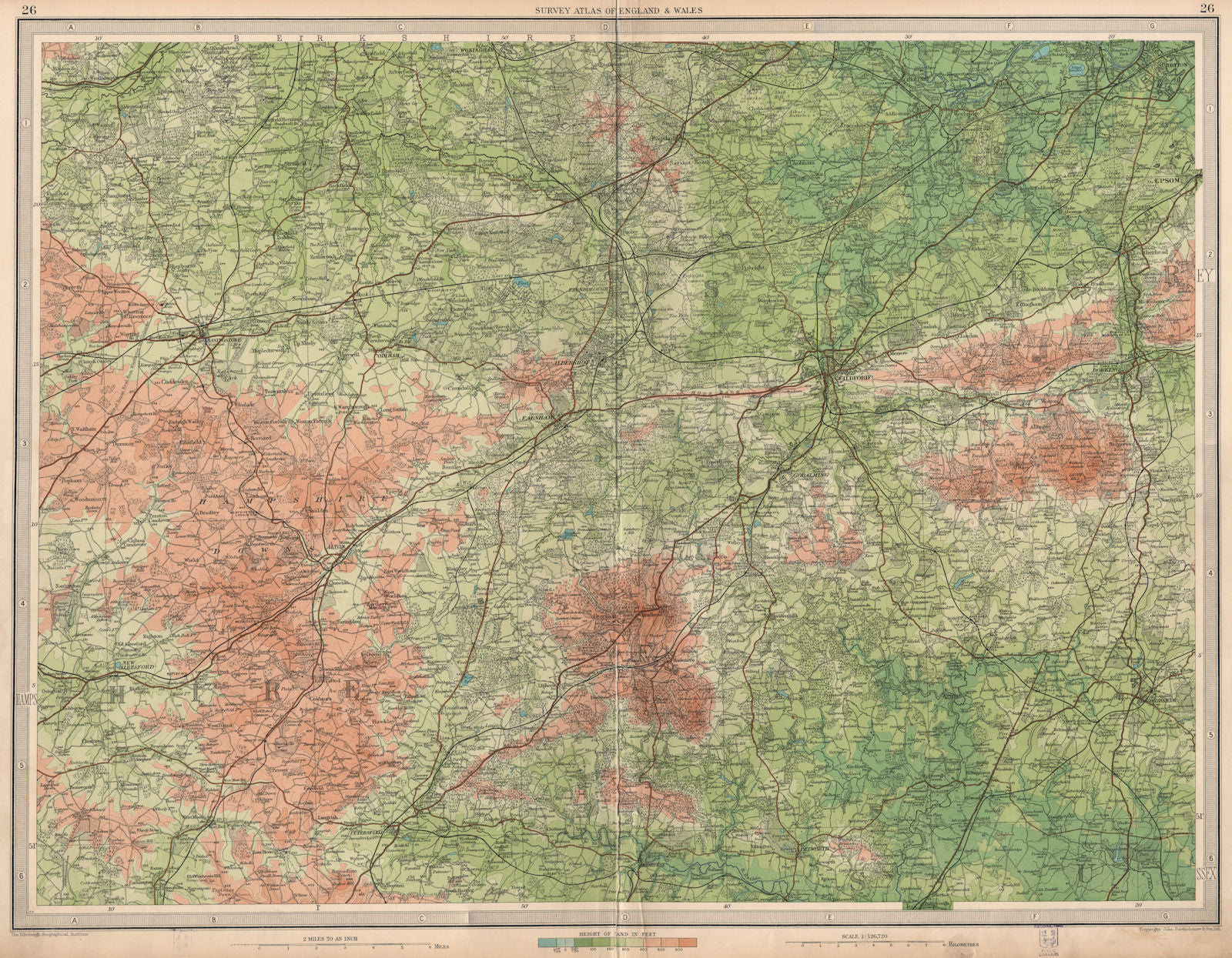 HAMPSHIRE DOWNS/SURREY. Aldershot Guildford Basingstoke Chertsey.LARGE 1939 map